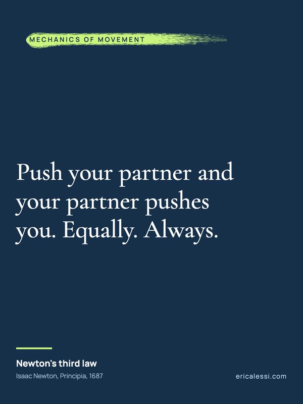 Quote card: Push your partner and your partner pushes you. Equally. Always. Newton's third law.
