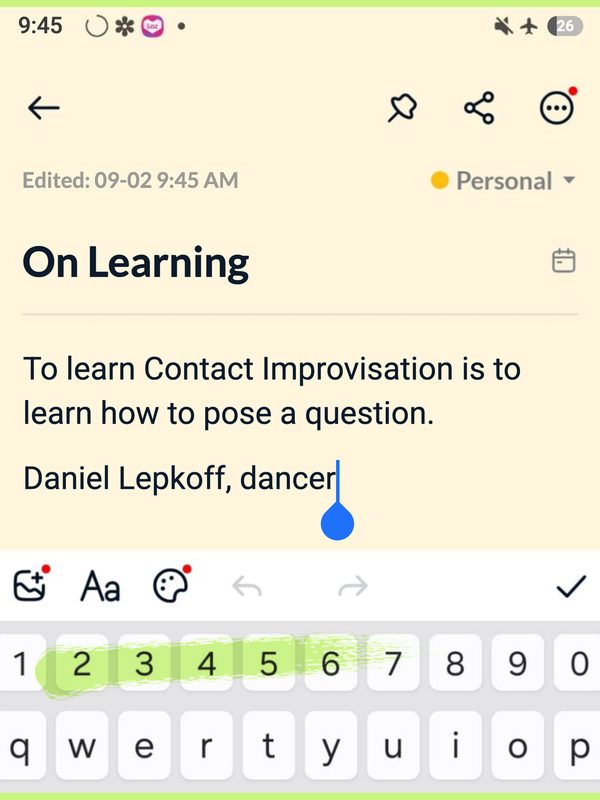 Phone note titled On Learning, quoting Daniel Lepkoff.