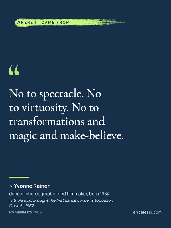 Quote card: No to spectacle. No to virtuosity. Yvonne Rainer.